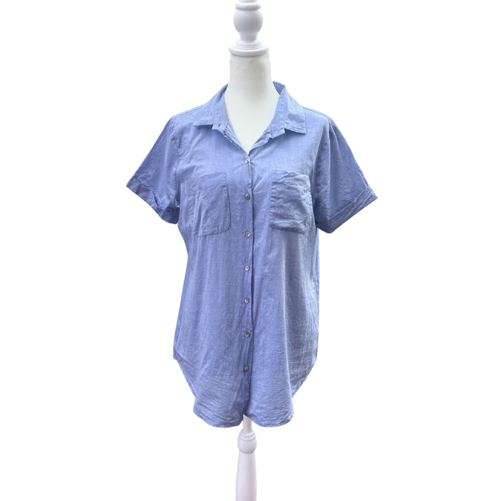 REMAIN Light Blue Cotton Short Sleeve Classic Button-Down Shirt‎ Size Medium